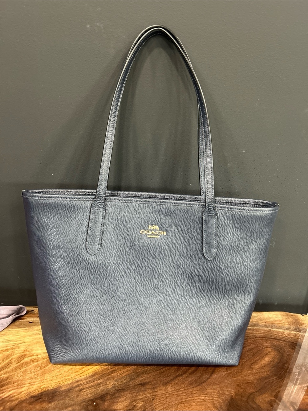 Coach Navy Saffiano Leather Tote with Gold Logo